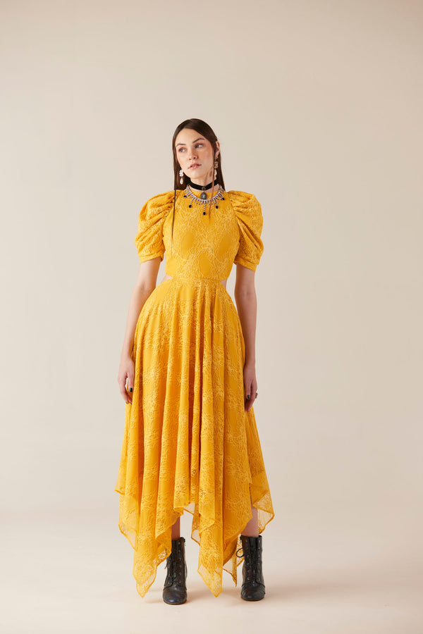 Citrine Yellow Lace Waist Cut Out Dress
