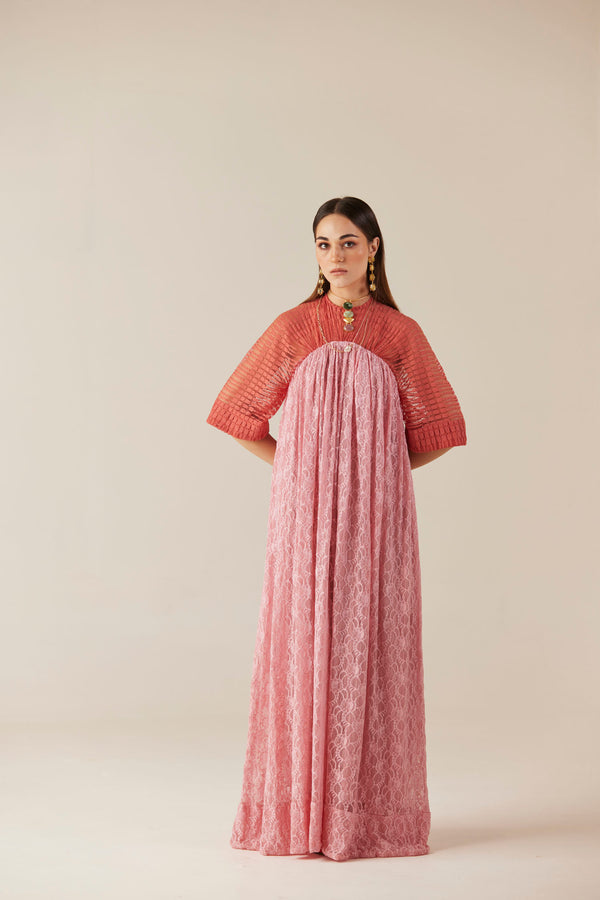 Blushing Peach & Pink A-Line Long Lace Dress