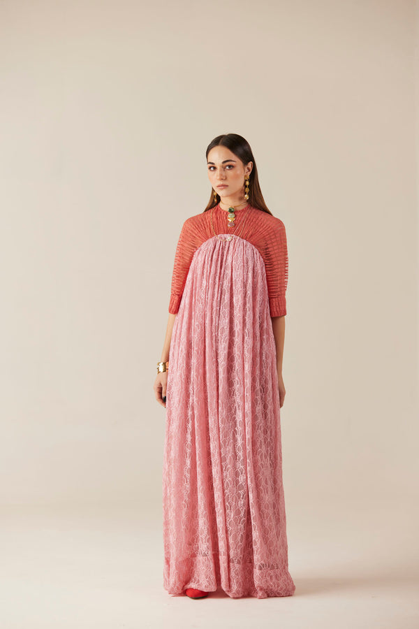 Blushing Peach & Pink A-Line Long Lace Dress