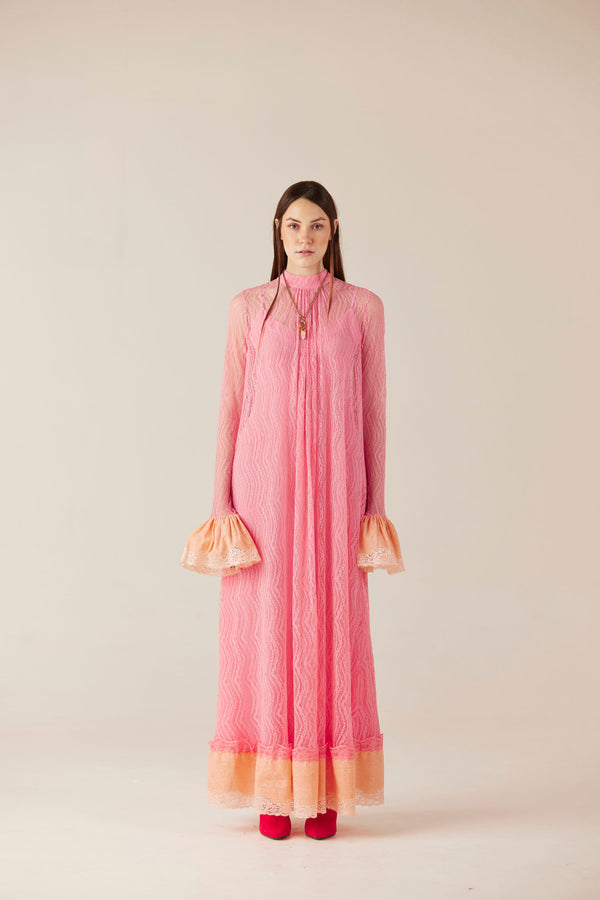 Cupid's Whisper Pink Lace Ruffle Sleeve Midi Dress
