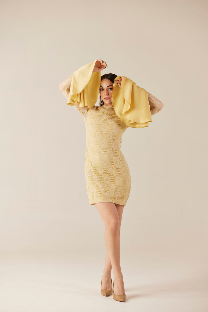 Midas Touch Golden Short Lace Dress With Bell Sleeves