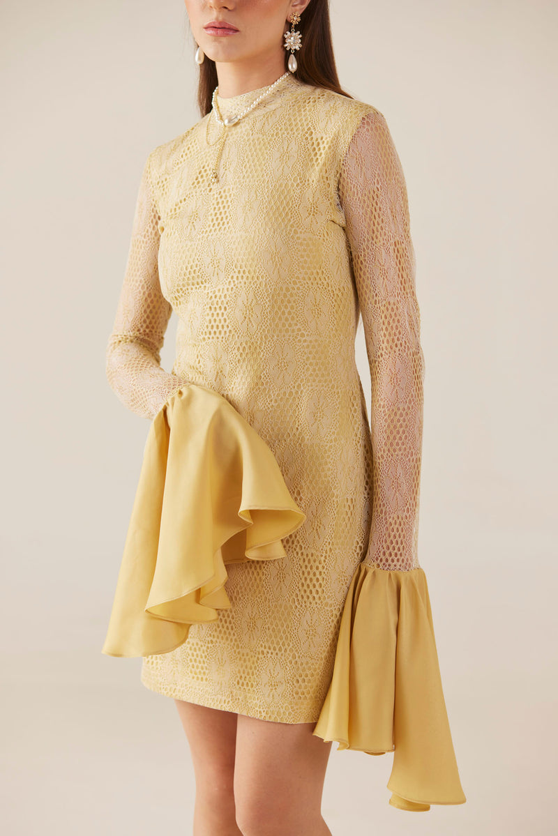 Midas Touch Golden Short Lace Dress With Bell Sleeves