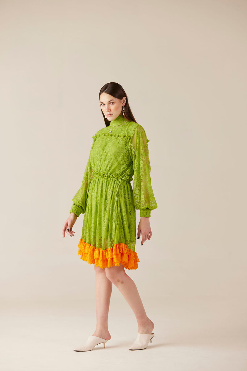 Jade Bloom Green High Neck Lace Mini Dress
