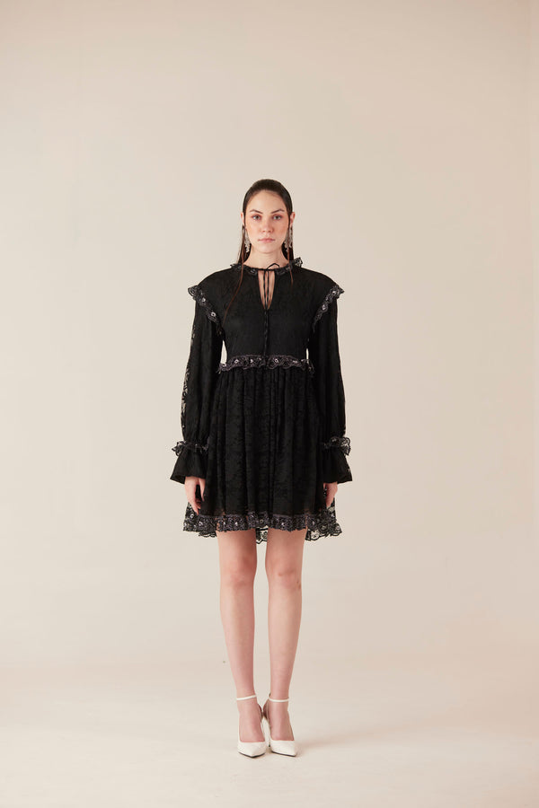 Midnight Mischief Black Lace Ruffle Mini Dress