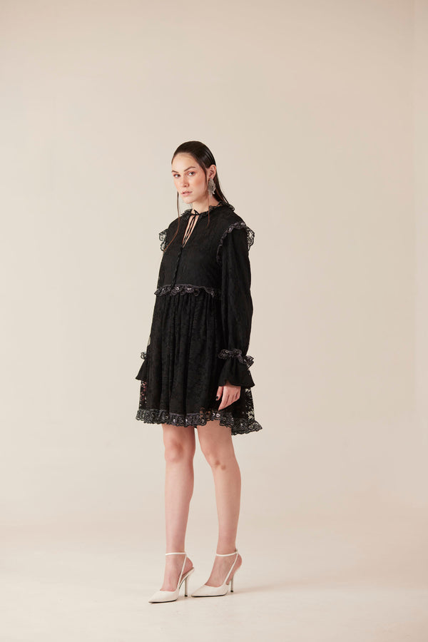 Midnight Mischief Black Lace Ruffle Mini Dress