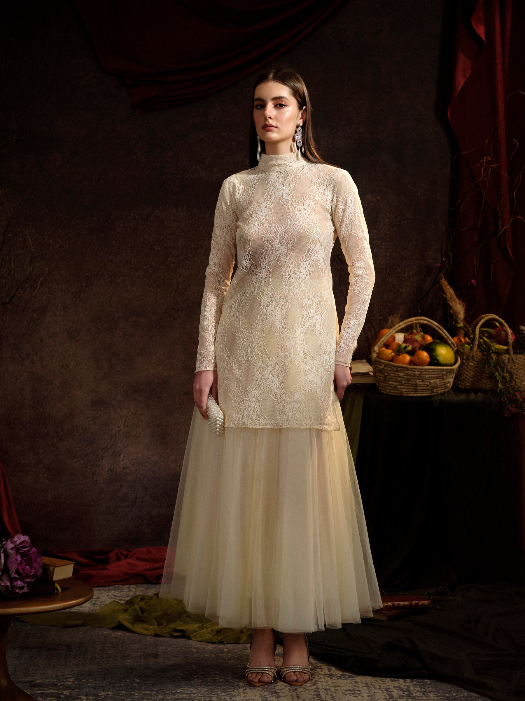 Lace Top and Tulle Skirt Full Length Dress Mulberry