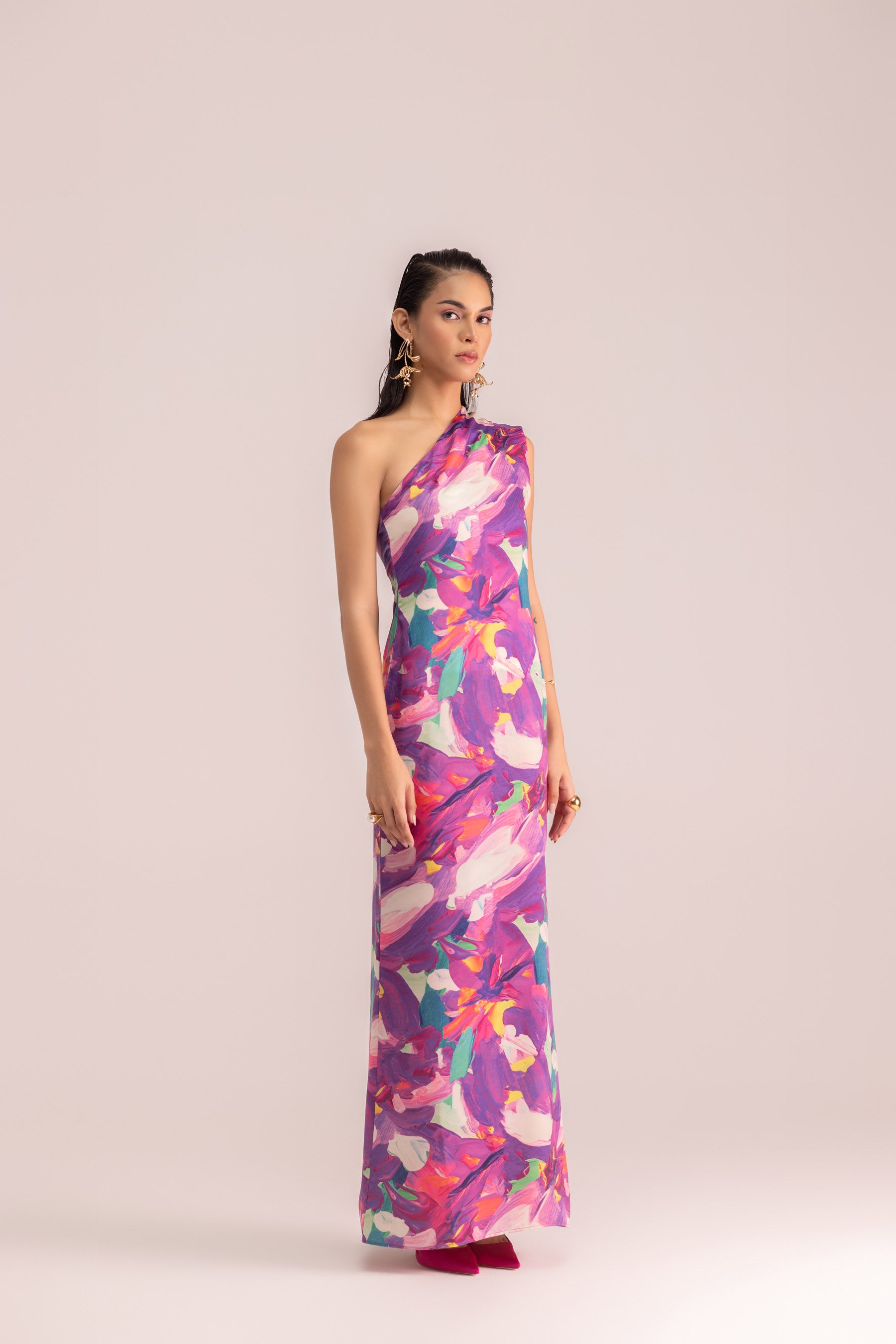 One-shoulder printed waist tie dress
