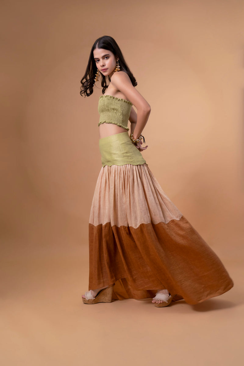Smocked Crop Top And Tiered Tail Skirt Linen Co-ord