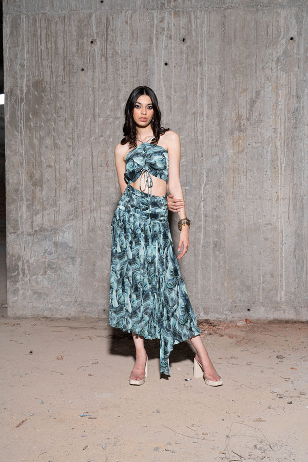 Multicolour Printed Crop Top And Skirt Co Ord