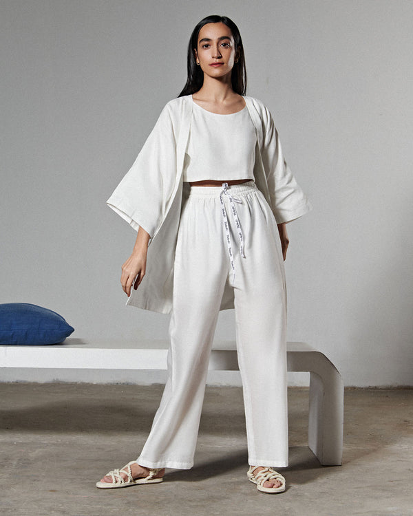 White Kimono Crop Top And Pant Set