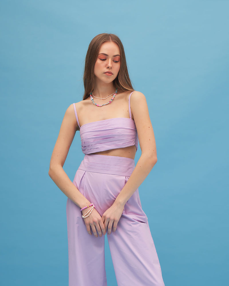 Lavendar Crop Top And Pant Set- Pleated Co Ord