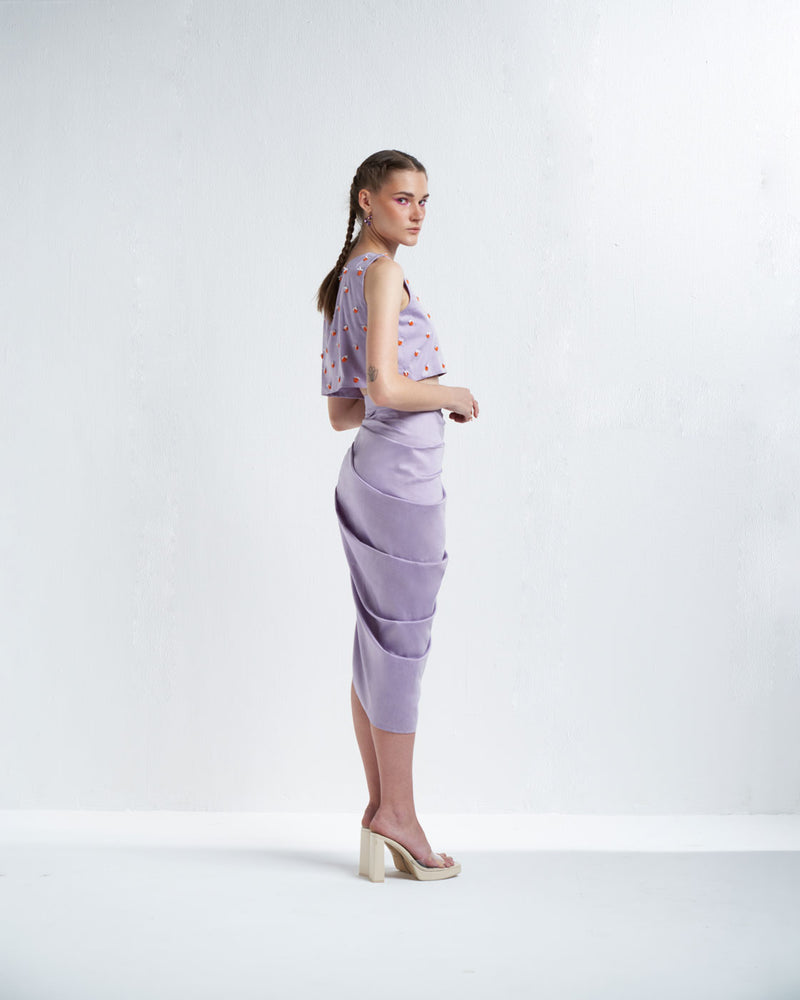 Lavender Round Neck Crop Top With Skirt Co Ord