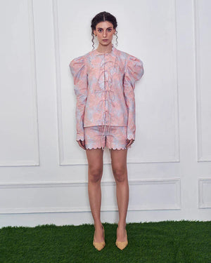 Multicolour Chaos Mutton Sleeves Top And Shorts Set
