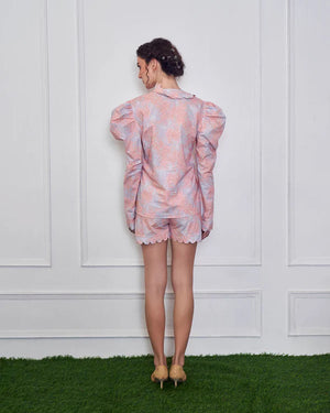 Multicolour Chaos Mutton Sleeves Top And Shorts Set