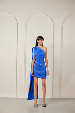 Embellished One Shoulder Cape Dress