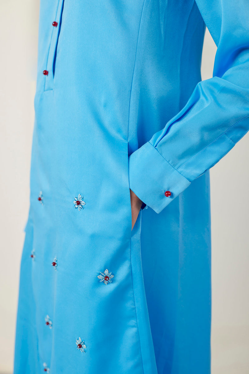 Embellished Satin Shirt Dress