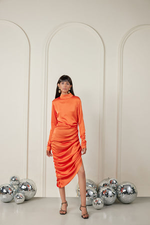 Highneck Gathered Midi Dress