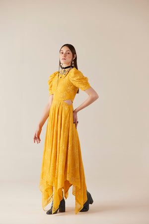 Citrine Yellow Lace Waist Cut Out Dress