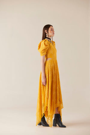 Citrine Yellow Lace Waist Cut Out Dress