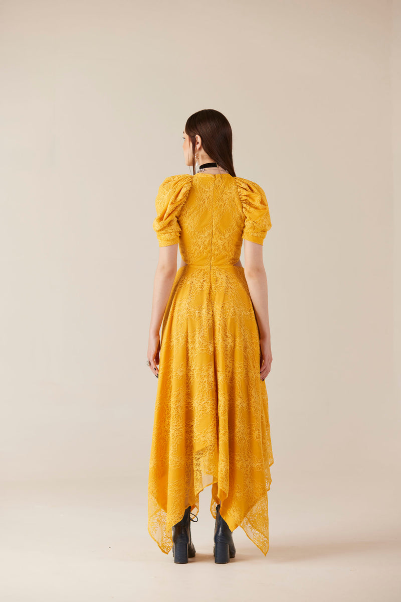 Citrine Yellow Lace Waist Cut Out Dress - Main Image