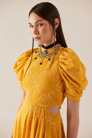 Citrine Yellow Lace Waist Cut Out Dress
