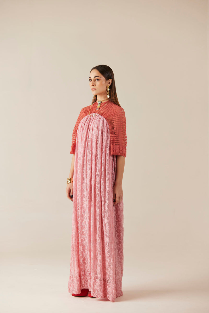 Blushing Peach & Pink A-Line Long Lace Dress