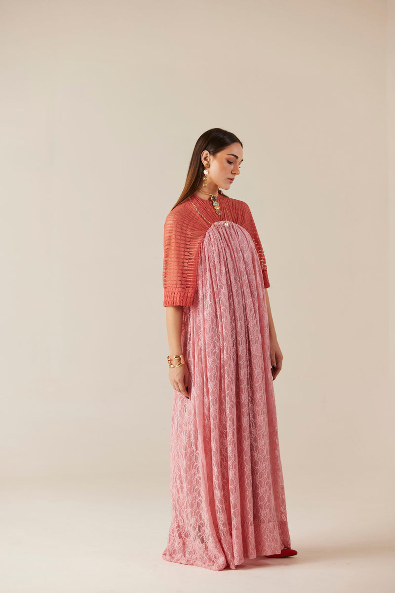 Blushing Peach & Pink A-Line Long Lace Dress