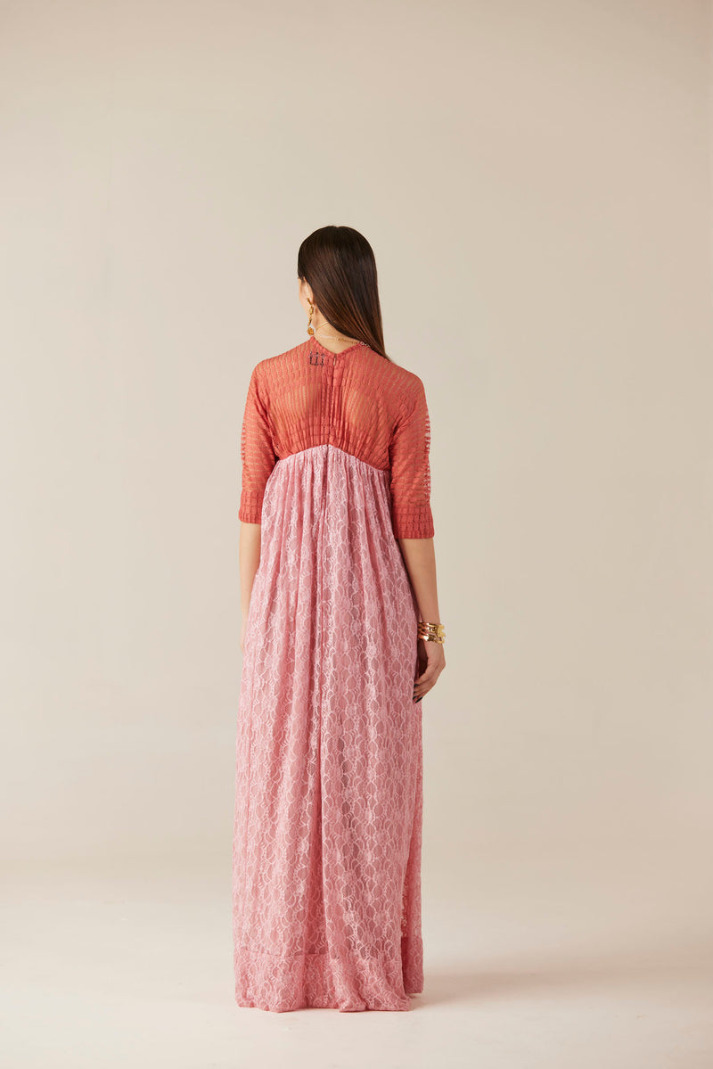 Blushing Peach & Pink A-Line Long Lace Dress