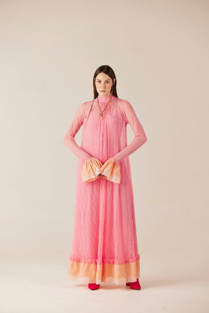 Cupid's Whisper Pink Lace Ruffle Sleeve Maxi Dress