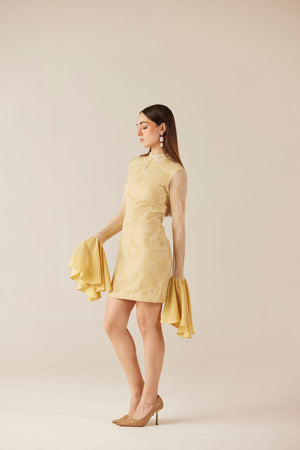 Midas Touch Golden Short Lace Dress With Bell Sleeves