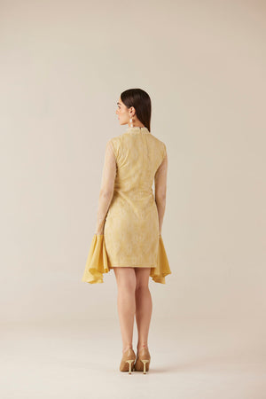Midas Touch Golden Short Lace Dress With Bell Sleeves