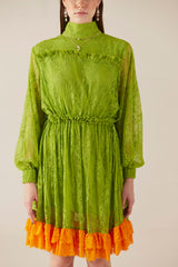 Jade Bloom Green High Neck Lace Mini Dress