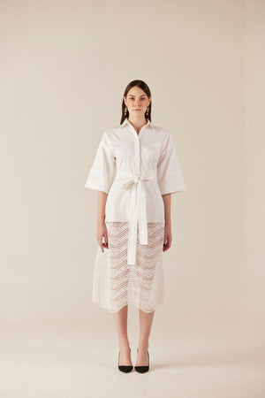 Whipped Cream Belted White Lace Dress