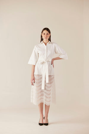 Whipped Cream Belted White Lace Dress