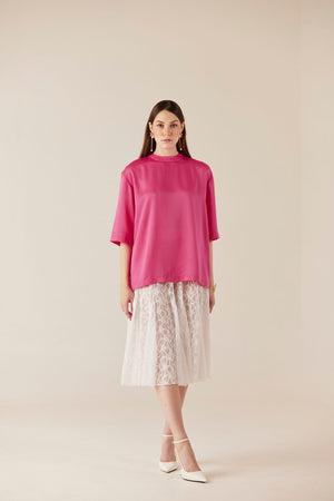 Sugar Plum Satin Pink Crew Neck Top