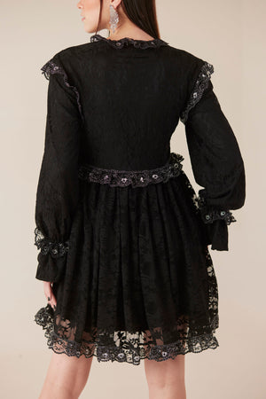 Midnight Mischief Black Lace Ruffle Mini Dress