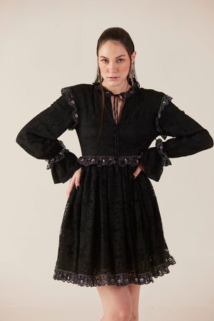 Midnight Mischief Black Lace Ruffle Mini Dress
