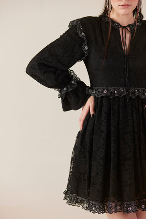 Midnight Mischief Black Lace Ruffle Mini Dress