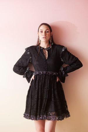 Midnight Mischief Black Lace Ruffle Mini Dress