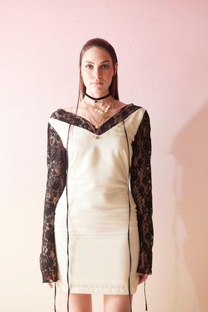 Modern Mosaic Cream & Black Lace Bodycon Dress
