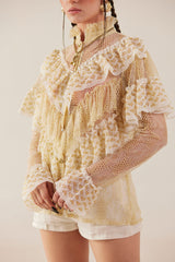 Angelic Harmony High Neck Ruffled Lace shirt & Shorts Set