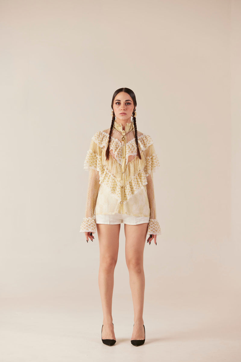 Angelic Harmony High Neck Ruffled Lace shirt & Shorts Set