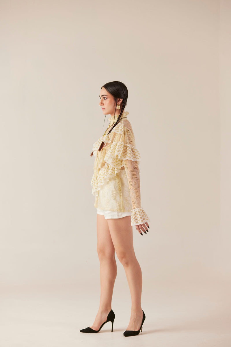 Angelic Harmony High Neck Ruffled Lace shirt & Shorts Set