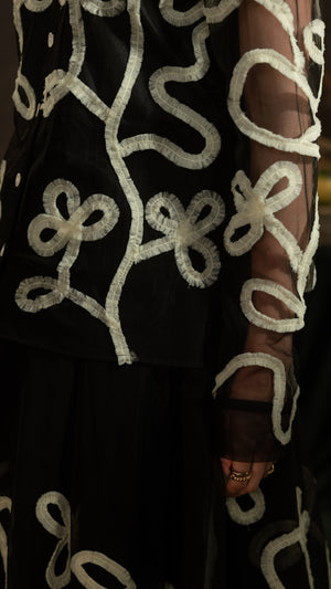 Black Mesh Net Co-Ord Skirt with Hand-Stitched Embroidery