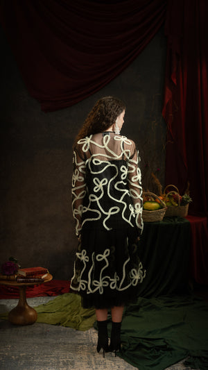 Black Mesh Net Co-Ord Skirt with Hand-Stitched Embroidery
