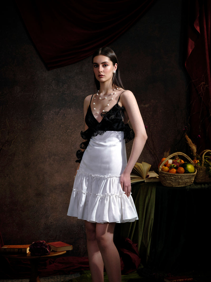 Tiered Lace & Satin A-Line Dress