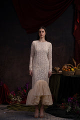 Vintage-Inspired Lace High-Low Gown with Ruffle Hemline