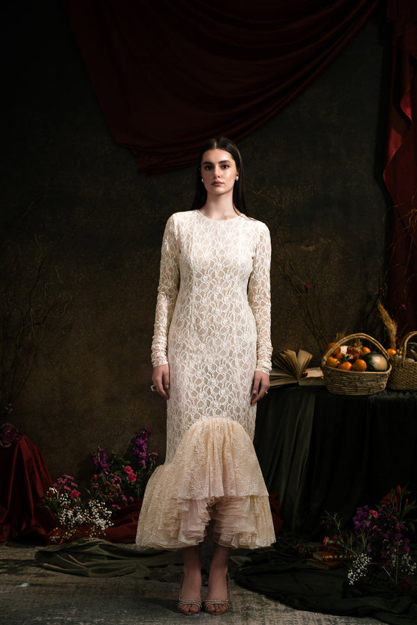 Vintage-Inspired Lace High-Low Gown with Ruffle Hemline