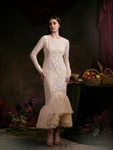 Vintage-Inspired Lace High-Low Gown with Ruffle Hemline