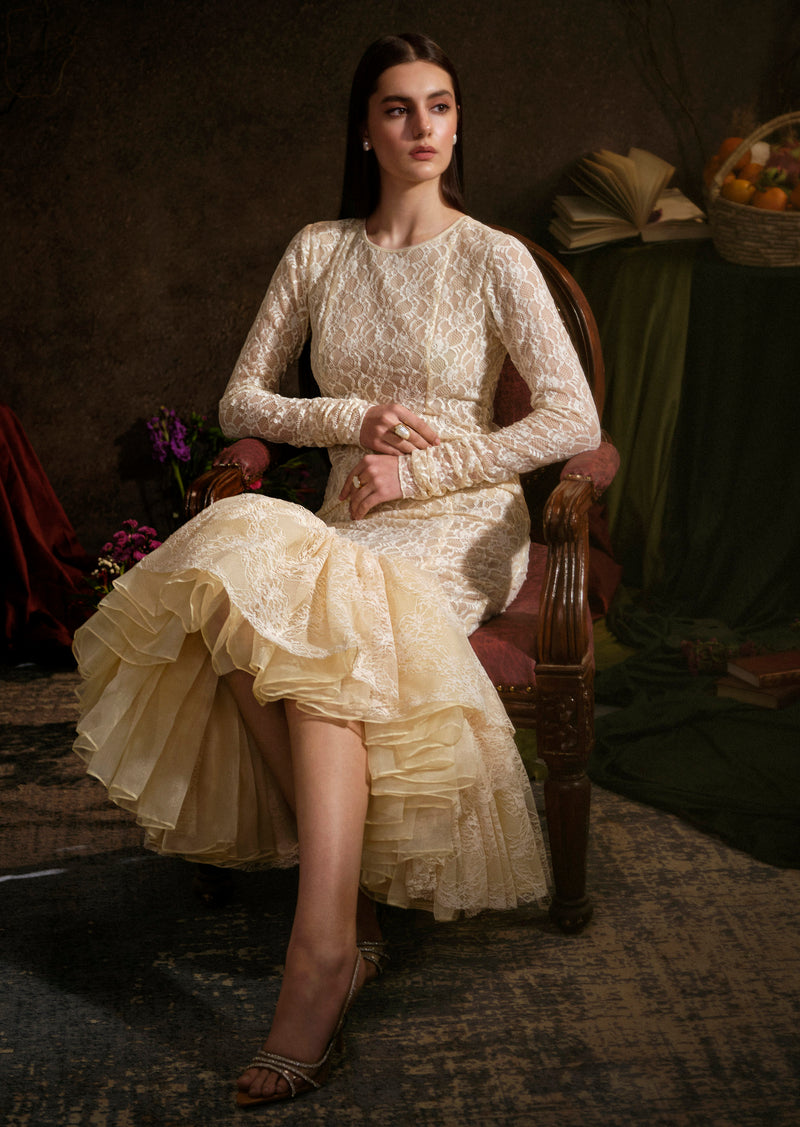 Vintage-Inspired Lace High-Low Gown with Ruffle Hemline